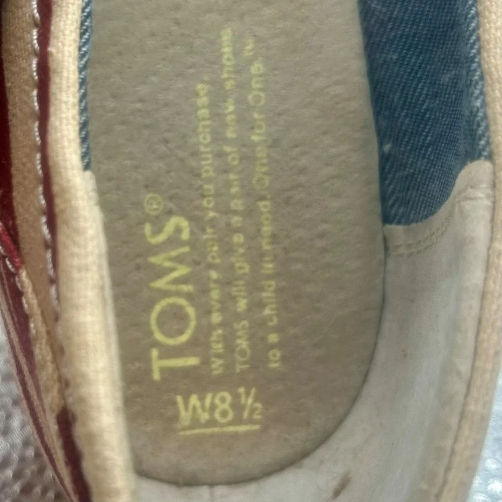 Toms Wedge Espadrilles Shoes Women 8.5 Tan‎ Beige Red Stripe Pep Toe Slip On